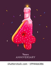 Birthday Cake Font Number 4 With Candle. Four Year Anniversary. Tasty Collection. Vector Illustration