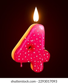 Birthday cake font number 4 with candle. Four year anniversary. Tasty collection. Vector illustration