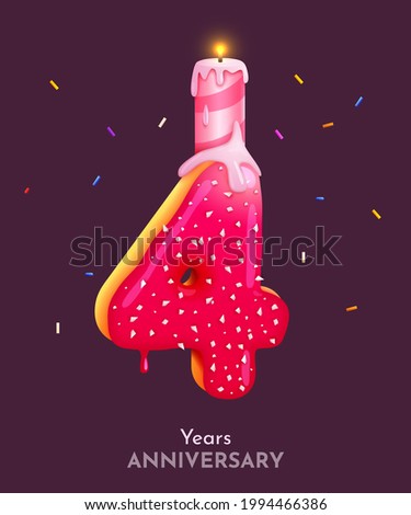 Birthday cake font number 4 with candle. Four year anniversary. Tasty collection. Vector illustration