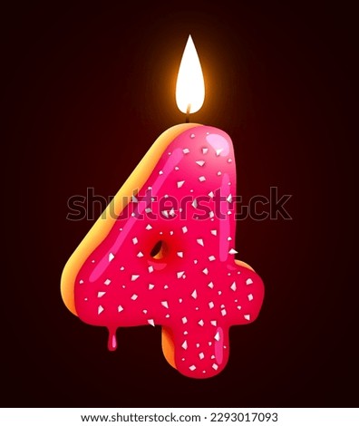 Birthday cake font number 4 with candle. Four year anniversary. Tasty collection. Vector illustration