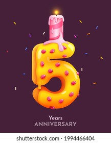 Birthday cake font number 5 with candle. Five year anniversary. Tasty collection. Vector illustration