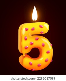 Birthday cake font number 5 with candle. Five year anniversary. Tasty collection. Vector illustration