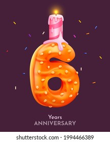 Birthday cake font number 6 with candle. Six year anniversary. Tasty collection. Vector illustration