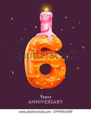 Birthday cake font number 6 with candle. Six year anniversary. Tasty collection. Vector illustration