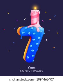 Birthday cake font number 7 with candle. Seven year anniversary. Tasty collection. Vector illustration