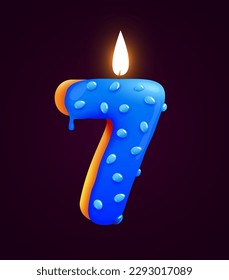 Birthday cake font number 7 with candle. Seven year anniversary. Tasty collection. Vector illustration