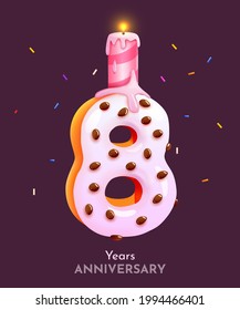 Birthday cake font number 8 with candle. Eight year anniversary. Tasty collection. Vector illustration