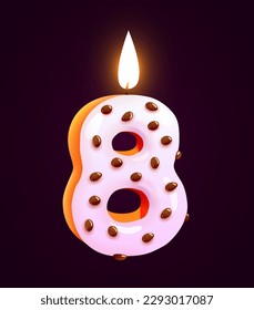 Birthday cake font number 8 with candle. Eight year anniversary. Tasty collection. Vector illustration