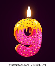 Birthday cake font number 9 with candle. Nine year anniversary. Tasty collection. Vector illustration