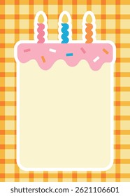 Birthday cake frame background with pink icing, colorful sprinkles, and three candles on a checkered background. Perfect for celebration or party themed designs and cards.