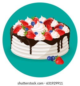 Birthday cake with fresh blueberries, strawberries, creamy flowers vector