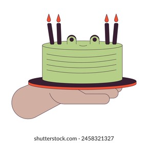 Birthday cake with frog face holding linear cartoon character hand illustration. Holiday dessert outline 2D vector image, white background. Confectionery for party editable flat color clipart