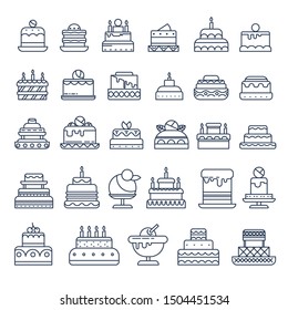 Birthday cake, fruit and chocolate pastries, wishes and greetings isolated outline icon vector. Celebrating anniversary dessert, tiramisu or cheese cake. Crepe and ice cream, festive candles