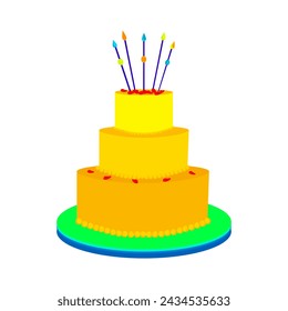 Birthday cake. Gift cake. Anniversary, event, holiday. Pastry for design on packaging, cover, advertising. Drawing of a whole cake for party labels, poster and banner. Vector simple illustration.