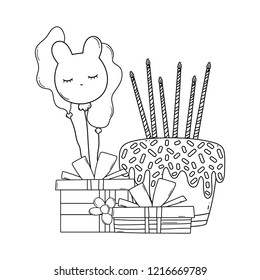 Birthday cake with gift box in black and white