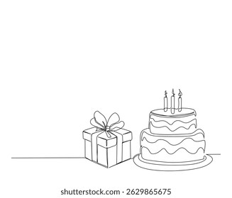 Birthday cake with gift box outline drawing illustration. one continuous line drawing of Birthday cake with present box.