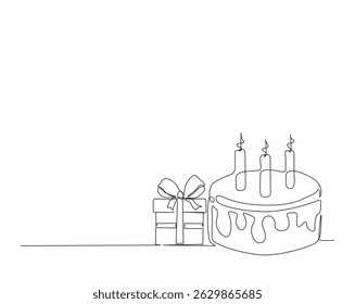 Birthday cake with gift box outline drawing illustration. one continuous line drawing of Birthday cake with present box.