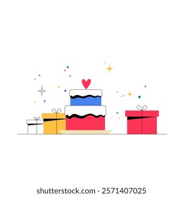 Birthday Cake And Gift Boxes In Flat Vector Illustration Symbolizing Celebration, Festivity, And Joy, Isolated On White Background