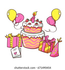 Birthday cake and gift boxes. Flat icon design. vector illustration