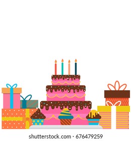 Birthday cake and gift boxes. Flat icon design. Vector illustration