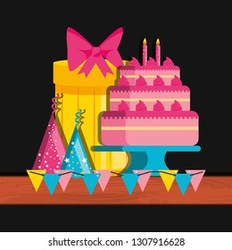 birthday cake with gift and hats