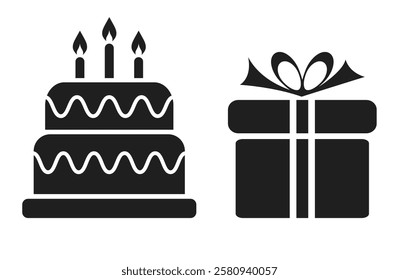 Birthday cake and gift vector icon set isolated on white background. Simple web design for festive events and family holidays.