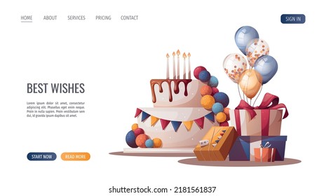 Birthday cake, gifts, balloons. Birthday party, celebration, holiday, event, festive, bakery, tasty food concept. Vector illustration. Website, banner template.