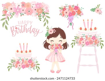 Tarta de cumpleaños y arte de Clip de niña con flores de color rosa. Feliz cumpleaños caligrafía. Ilustración vectorial.