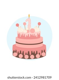 Birthday cake for a girl decorated with a candle in the shape of the number one. Vector illustration on a white background.