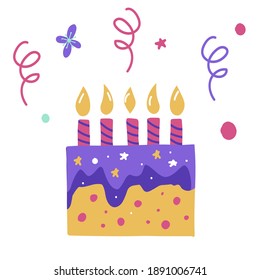 Birthday cake. Glaze and candles. Falling confetti. Isolated vector illustration in flat style