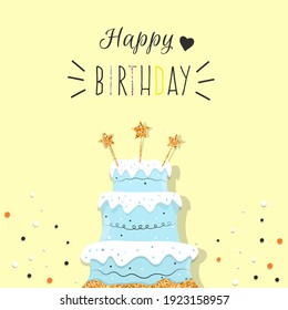 Birthday cake with glitter and stars. Happy birthday greeting card.
