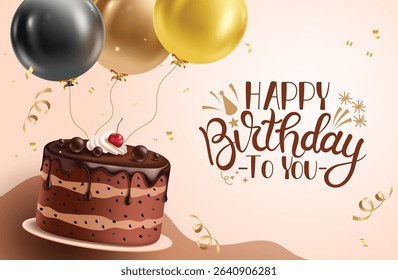 Birthday cake greeting card clipart design. Happy birthday chocolate cake and balloons elements clip art with greeting text for invitation card background vector illustration. 
