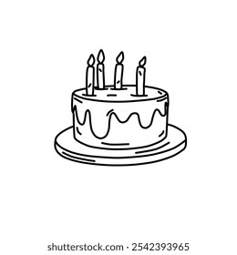 Birthday cake hand drawing, simple and minimalist vector line art, decorative