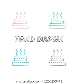 Birthday cake hand drawn icons set. Holiday sweet cake with candles and icing. Pastry product. Color brush stroke. Isolated vector sketchy illustrations