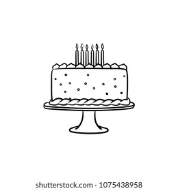 Birthday cake hand drawn outline doodle icon. Vector sketch illustration of decorated birthday cake with candles for print, web, mobile and infographics isolated on white background.