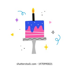 Birthday cake hand drawn vector illustration. Festive pastry for anniversary greeting card.