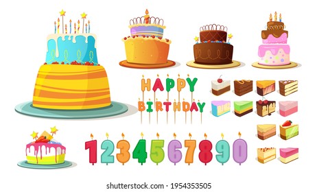 Birthday cake. Happy anniversary party cakes, bakery icons. Cartoon cream sweets, delicious baked. Numbers and letters with candles vector festive bundle