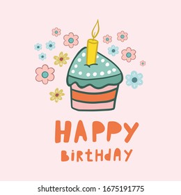 Birthday cake. Happy Birthday. Vector drawing of a cake. Cake with a candle. Birthday design. Birthday card. Flat illustration. Piece of cake