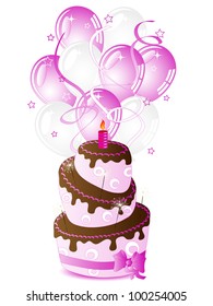 Birthday cake for her and party balloons