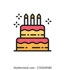 Birthday cake, holiday torte, sweet flat color line icon.