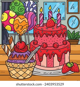 Birthday Cake with Ice Cream Colored Cartoon 