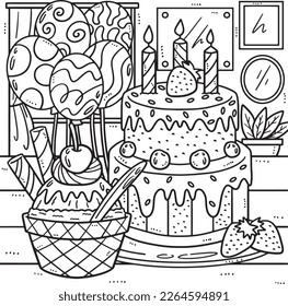 Birthday Cake with Ice Cream Coloring Page 