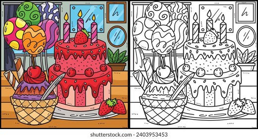 Pastel de cumpleaños con helado de helado de coloración Ilustración