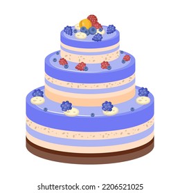 Birthday cake with icing, blueberries, blackberries and strawberries. Festive Sweet Dessert, Confectionery or Pastries. Vector illustration