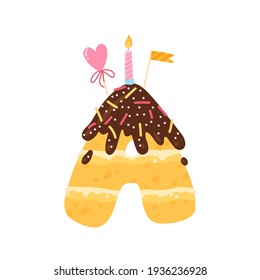 A - Birthday cake with icing, candy sprinkles. Biscuit with cream carved in the shape of the English letter. Vector illustration in simple cartoon hand-drawn style. Colorful isolate