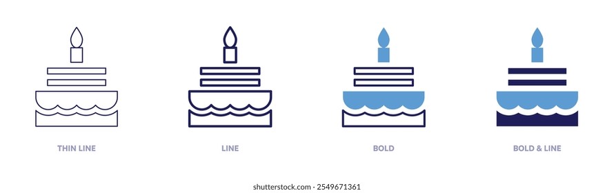 Birthday cake icon in 4 different styles. Thin Line, Line, Bold, and Bold Line. Duotone style. Editable stroke.