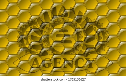 birthday cake icon and Agency text honey bees realistic emblem. beekeeping fancy background. Intense illustration. 