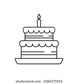 Birthday cake icon with candle in line style. Vector illustration.