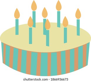 Birthday cake icon with candles. Vector isolated illustration. Simple minimalist modern style. Yellow and blue colors.