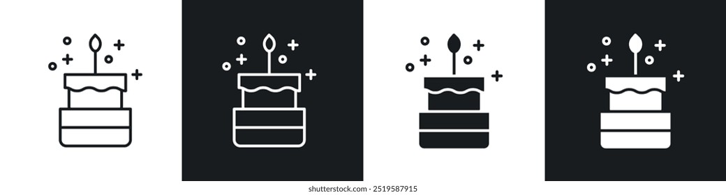 Birthday cake icon collection in black and white filled and stroke line style.